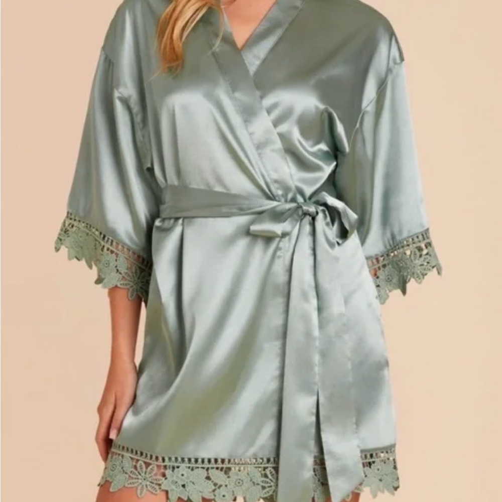Birdy Grey Satin Robe with Lace Trim - Sage